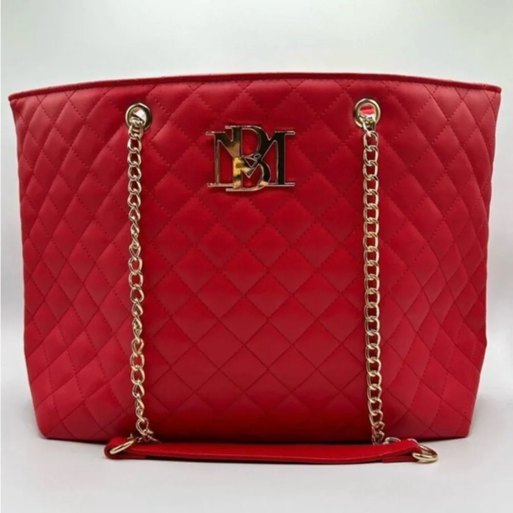 Badgley Mischka Red Quilted Tote Bag with Gold Chain